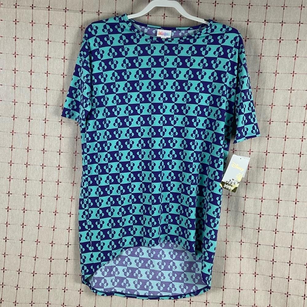 Lularoe X Disney Minnie Mouse Irma Purple Aqua Hi Lo Hem Top Size XXS Tunic New